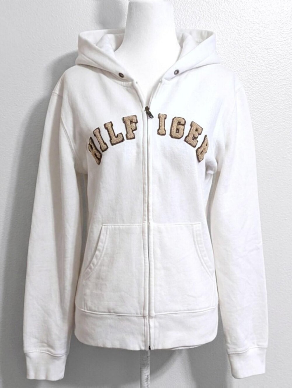 2010 Tommy Hilfiger White & Brown Embroidered Zip-Up Hoodie | Size L